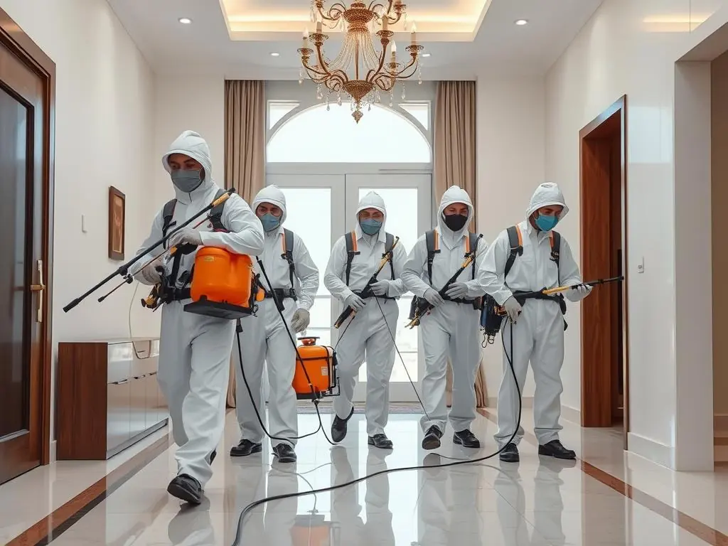 Orbit technicians with protective and spraying equipment